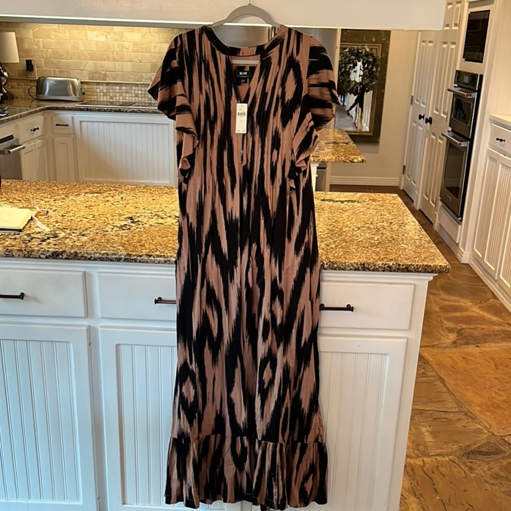 Anthropologie Maeve Black and Dusty Pink Patterned Maxi Dress